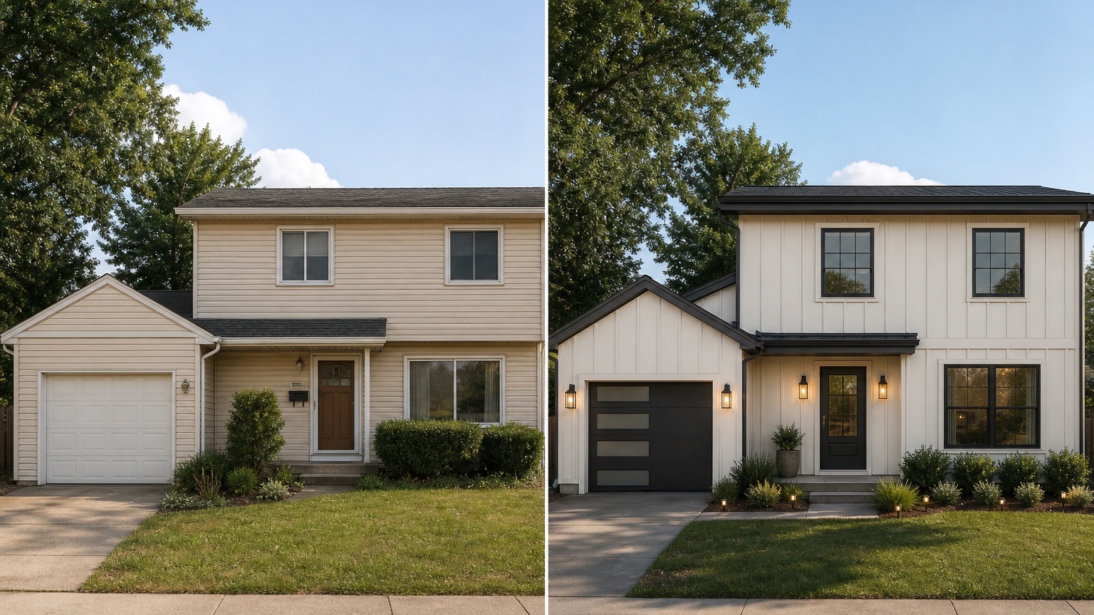 AI exterior design from photo before and after side by side showing consistent camera angle and curb appeal changes