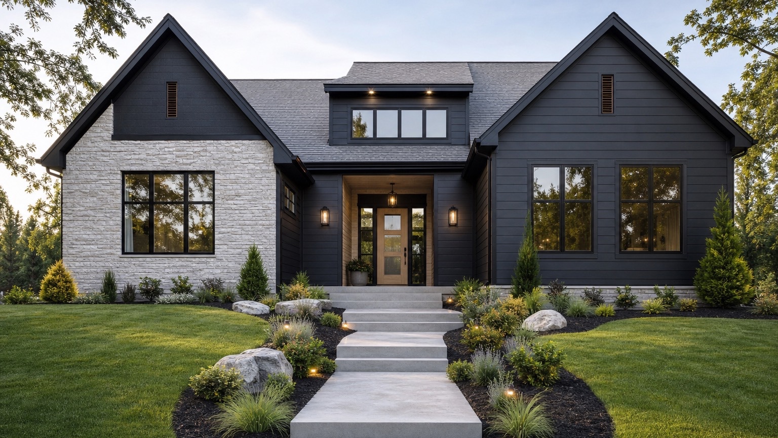 AI exterior home design concept showing a refreshed facade with practical curb appeal changes