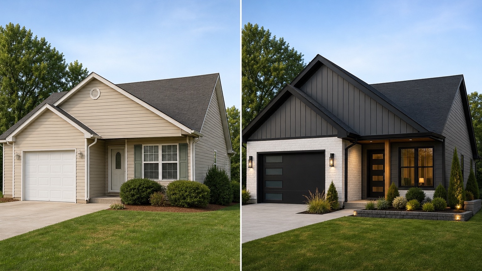 AI exterior home design before and after showing siding, color, entry, lighting, and landscaping options