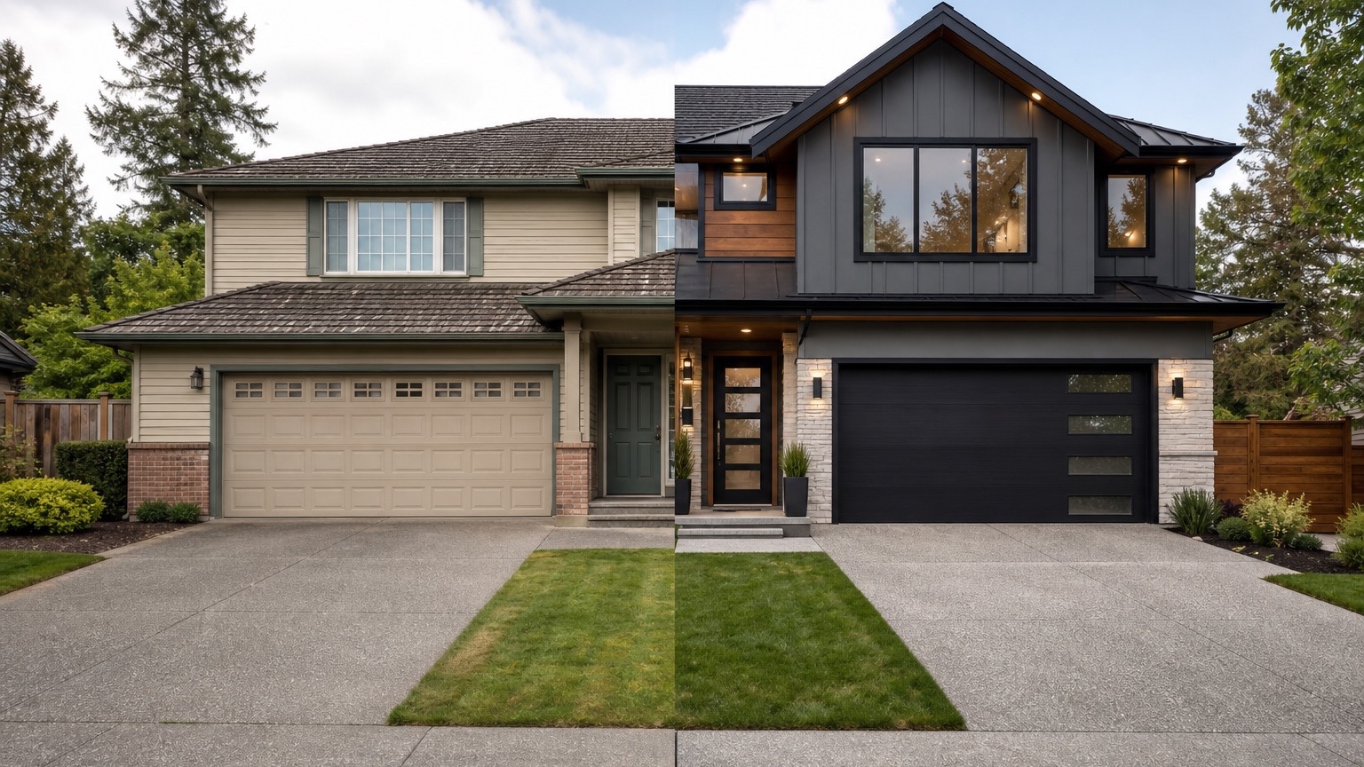 AI exterior home design split concept showing a realistic facade refresh on the same house photo