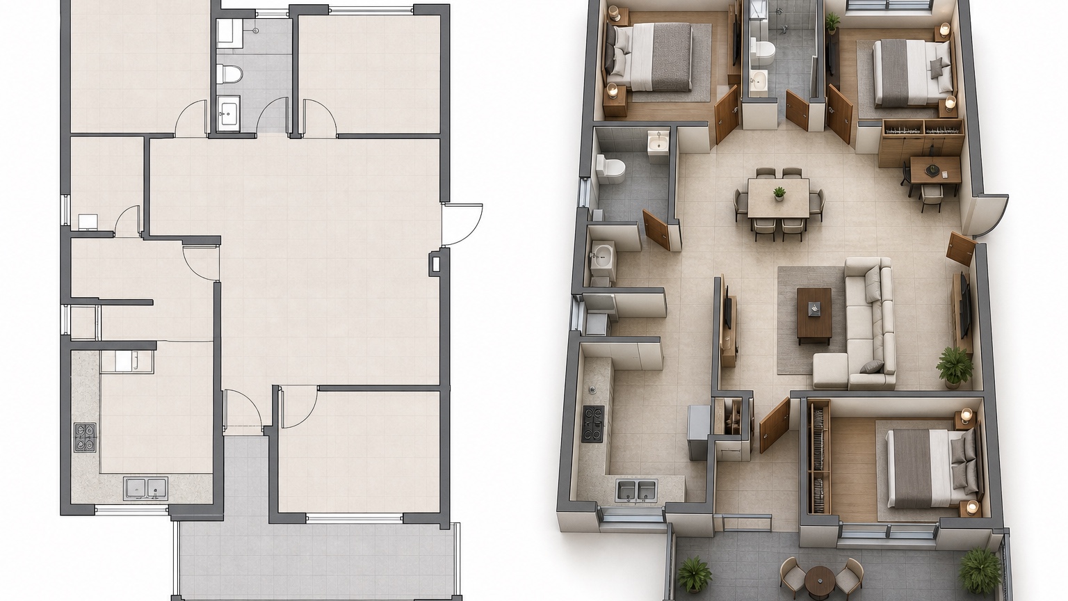 AI floor plan with furniture before and after layout comparison