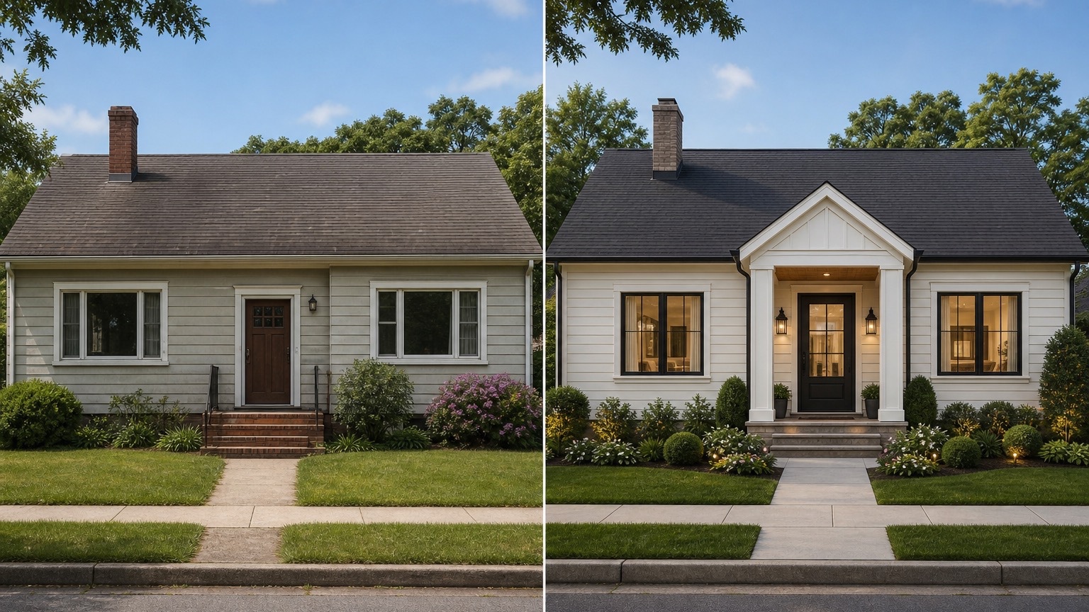 AI home exterior remodel before and after showing paint, trim, and entry updates