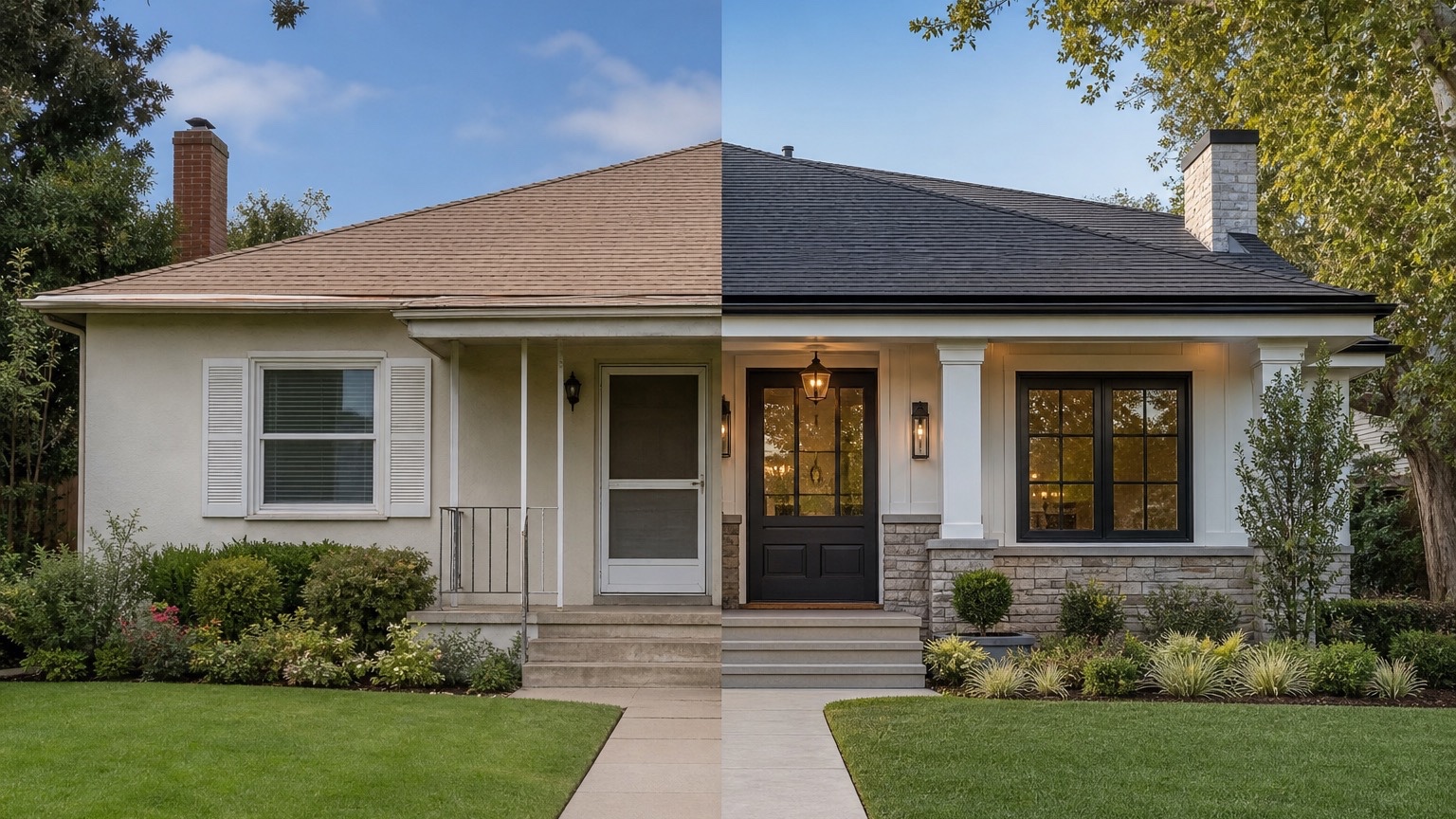 AI home exterior remodel split concept comparing a modest refresh with a larger facade update