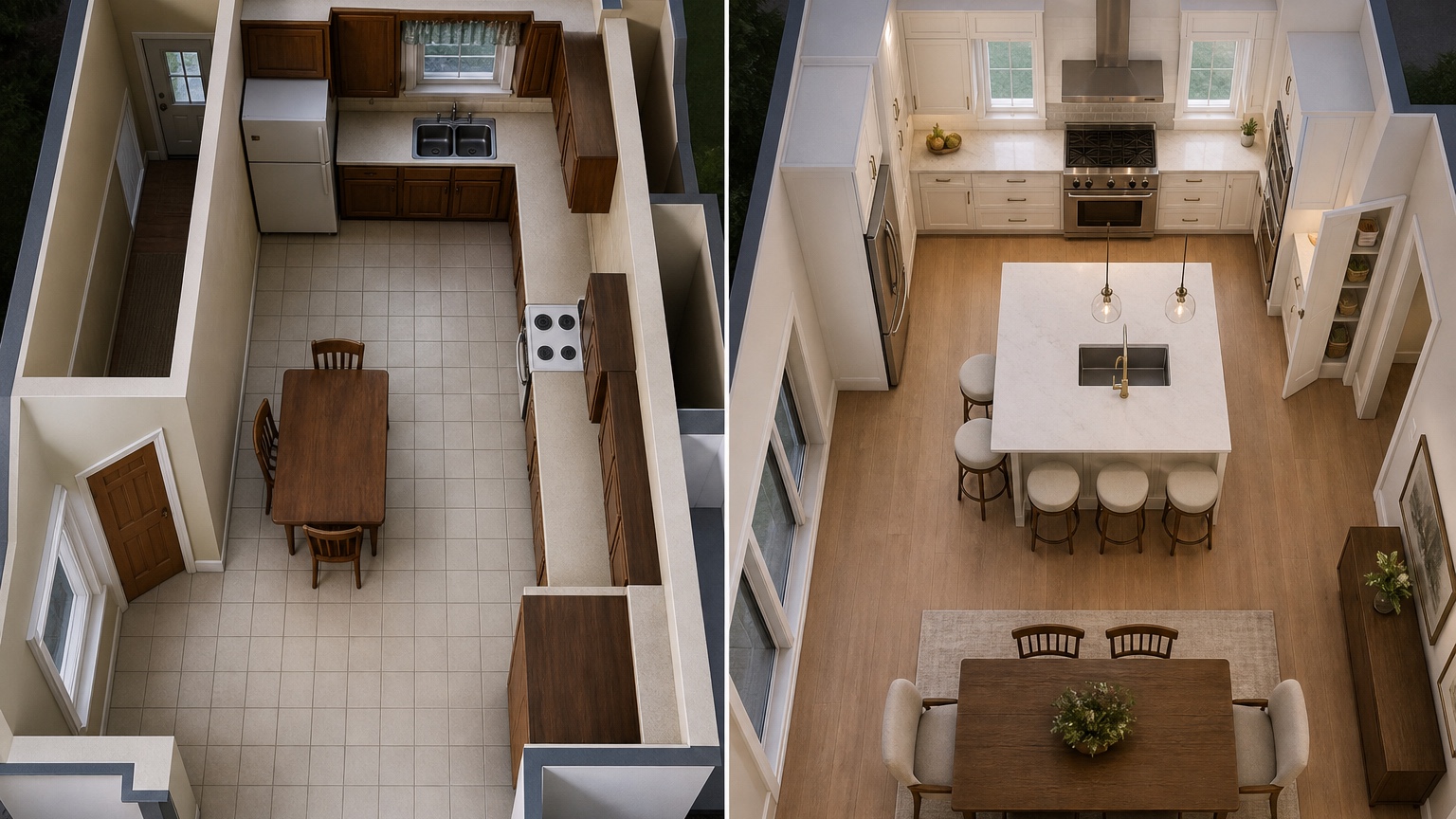 AI kitchen floor plan visualizer before and after layout comparison