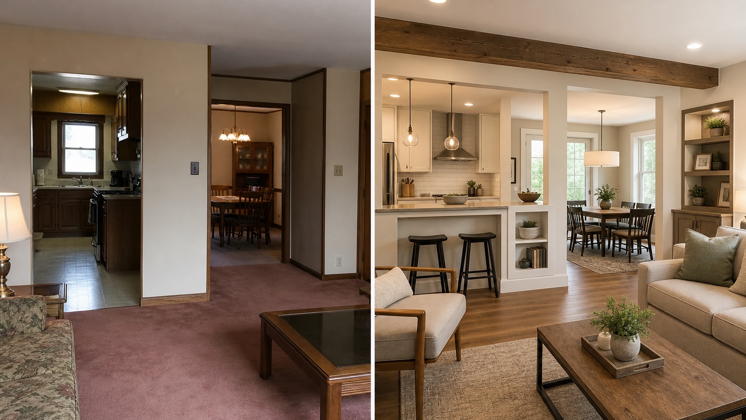 AI open concept floor plan before and after layout comparison